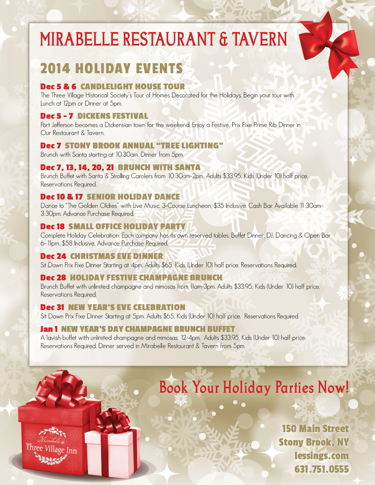 Holiday Brunch with Santa, New Years Eve Dinner, New Years Eve Party, Christmas, Eve, Dinner